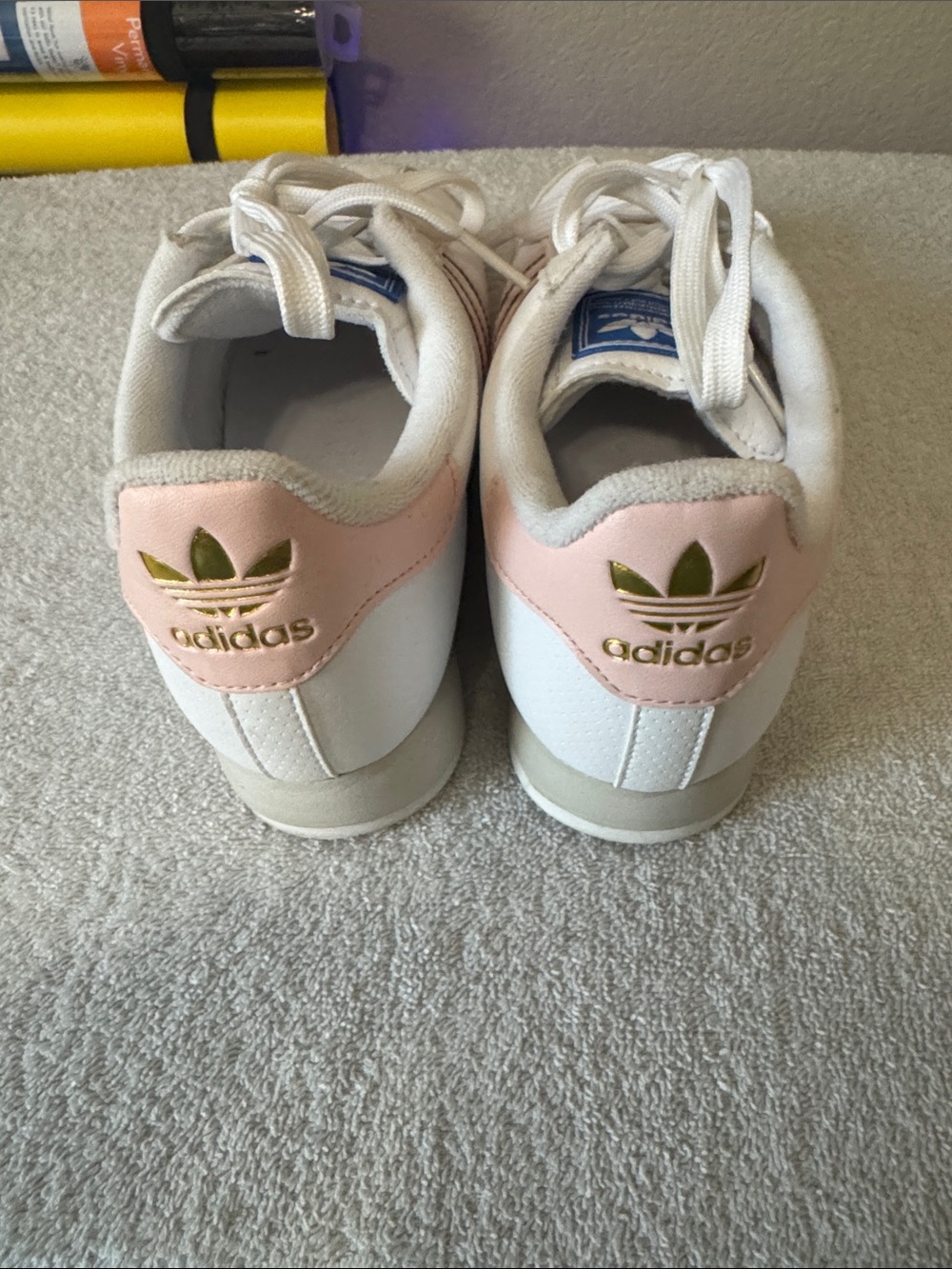 adidas White Sneakers with Pink Heel and Gold Trefoil Accents